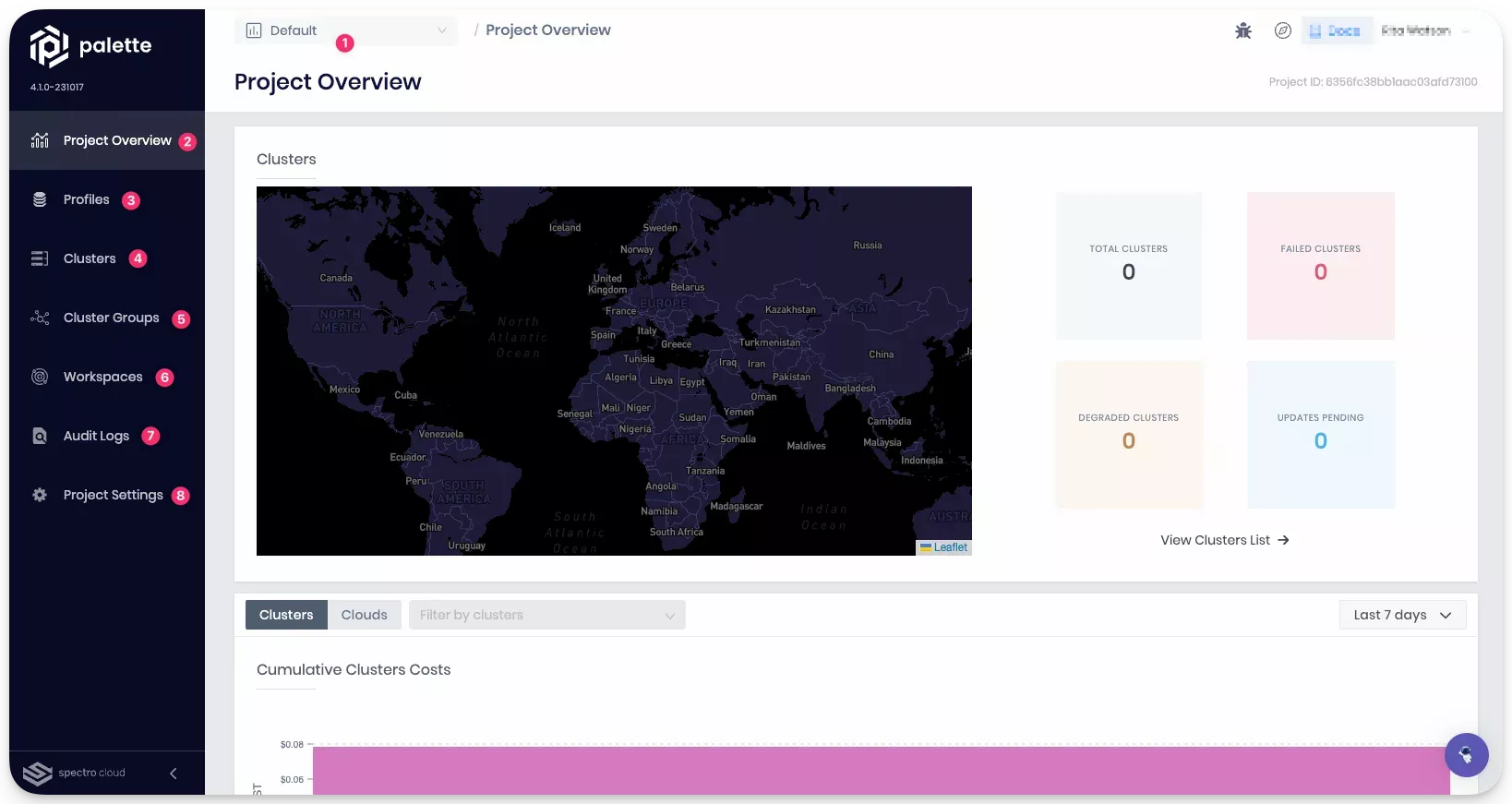 A screenshot of the Project dashboard with numbered UI elements described in this document.