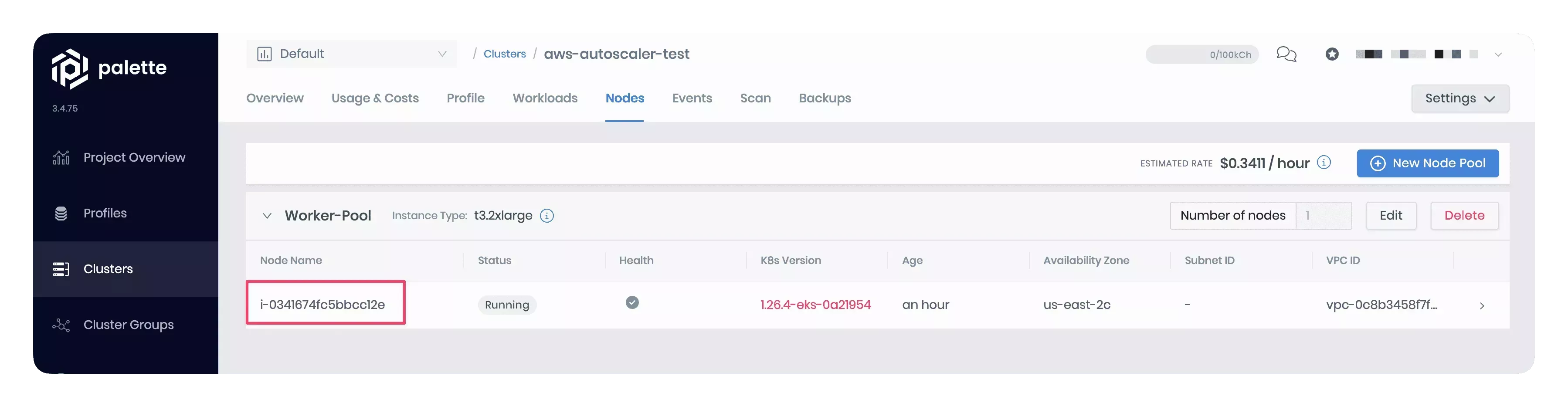 A snapshot displaying one node of the type t3.2xlarge in the worker pool.